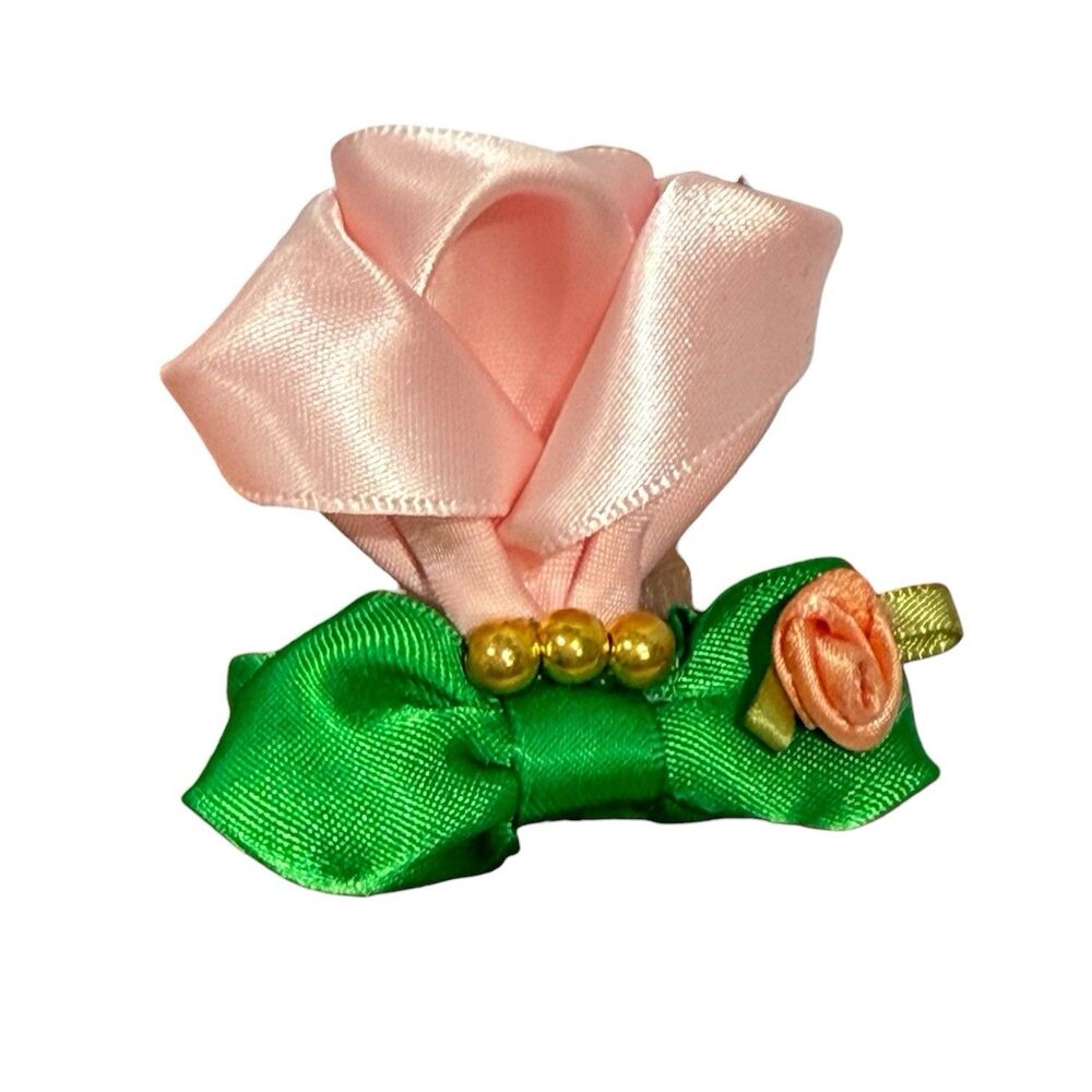 Handmade Satin Rose Hair Clip Pink Flower Green Bow Romantic Cottagecore 2.5 In - Picture 2 of 11